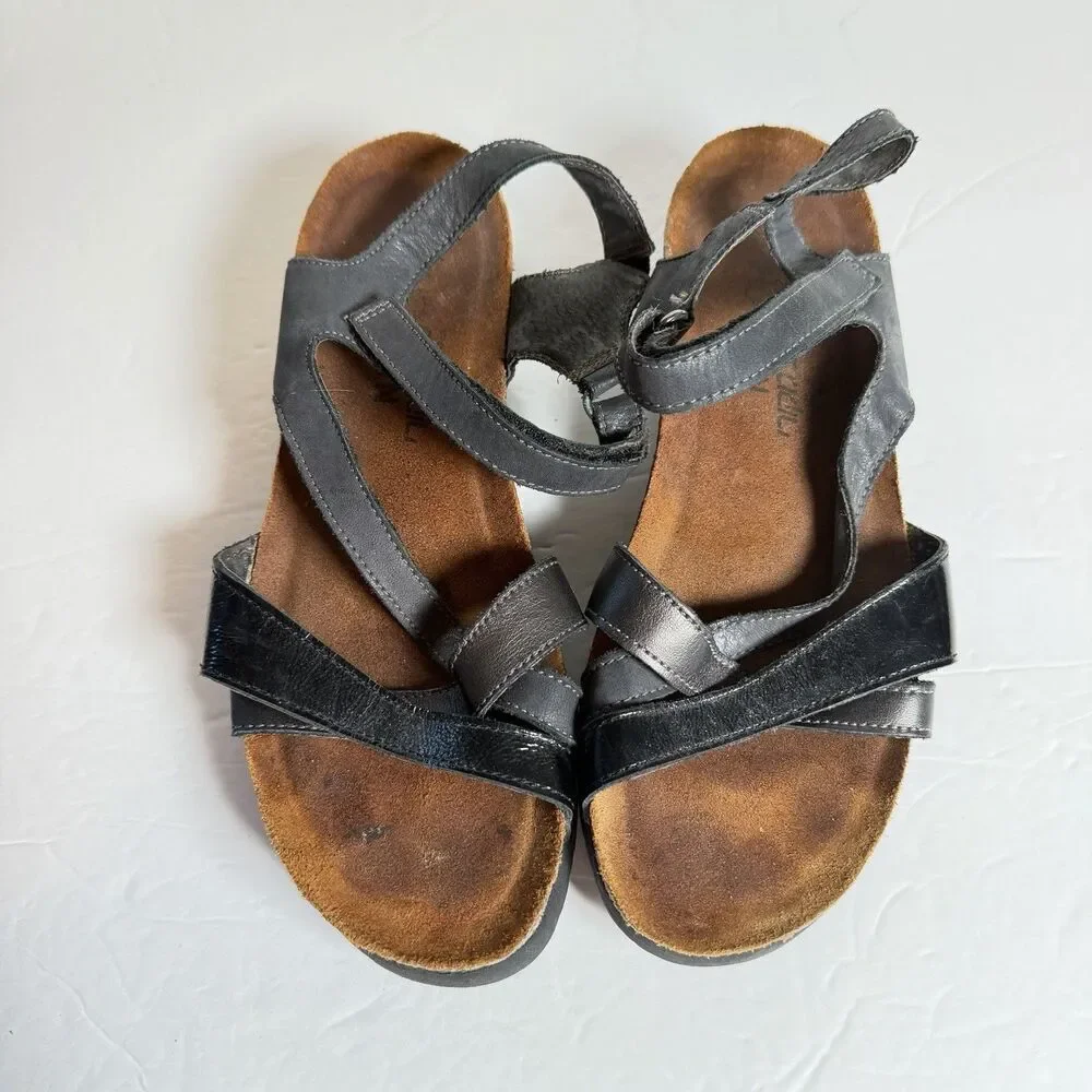 Naot Black Leather Patent Comfort Sandals Hook Loop Cork Footbed Womens 38